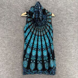 Earth Bound Dress Women S Small Blue Geometric Shift Midi Cowl Neck Sleeveless